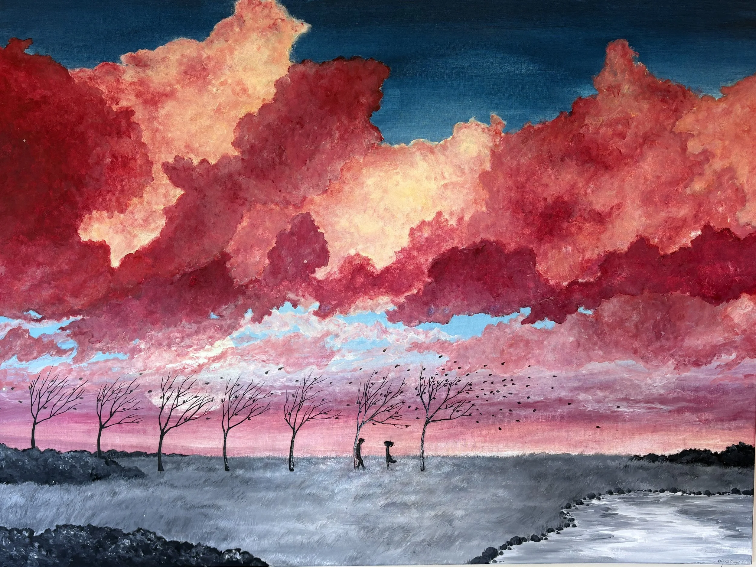 Painting of a sunset sky with large pink clouds and bare trees in the foreground.