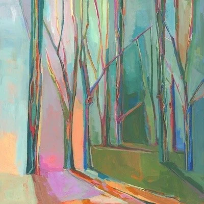 Colorful painting of trees with vibrant hues of pink, green, blue, and purple, showing a forest scene with a pathway.