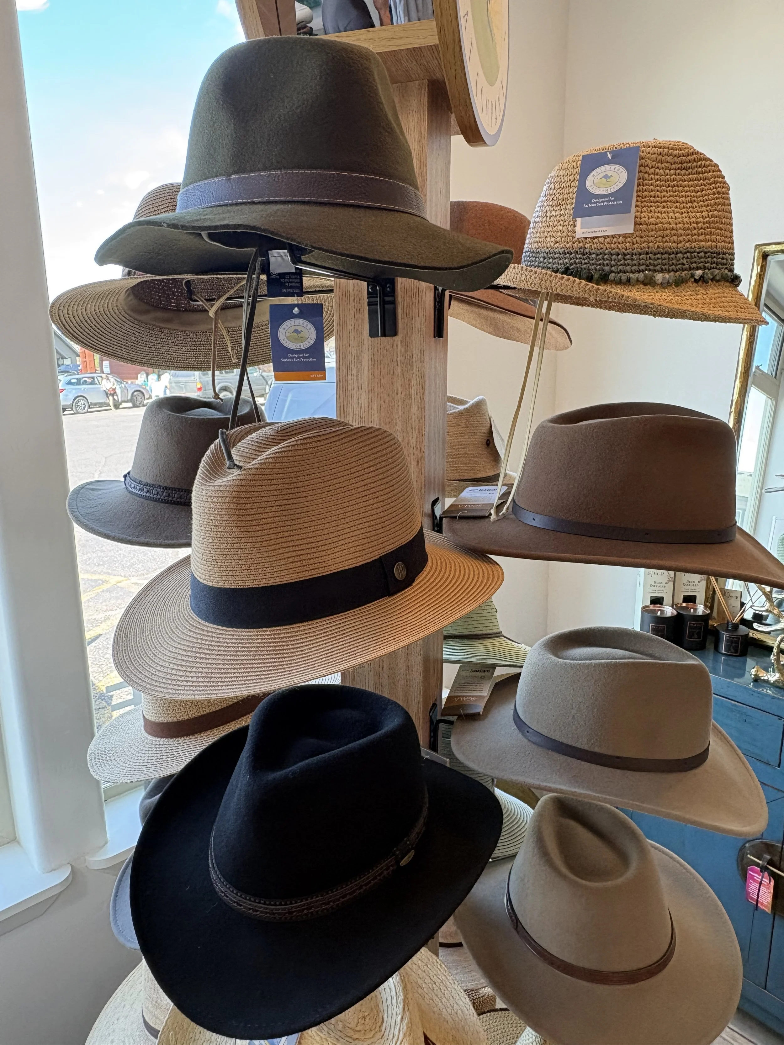 Display of various wide-brimmed hats in a store window, including colors like black, beige, and brown, some with decorative bands.