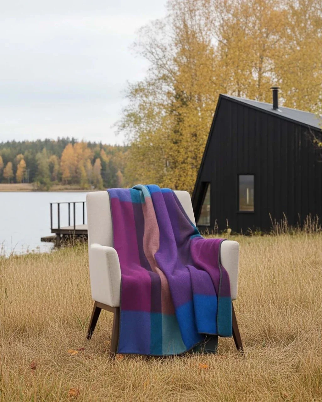 A white armchair with a colorful striped blanket draped over it, situated in a grassy field near a lake, with a black modern house and autumn trees in the background.