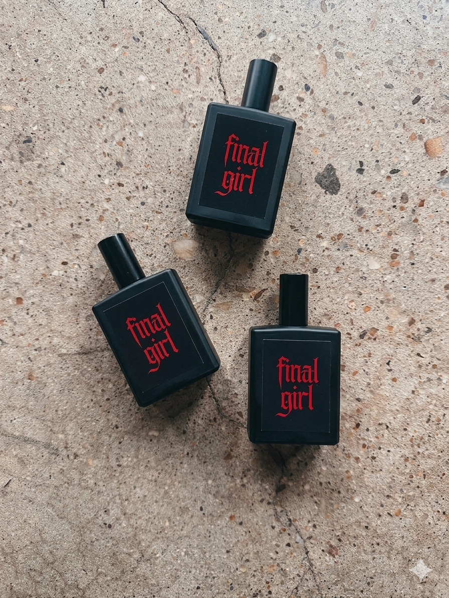 three bottles of Final Girl gothic perfume bottles by Maven Made on concrete floor
