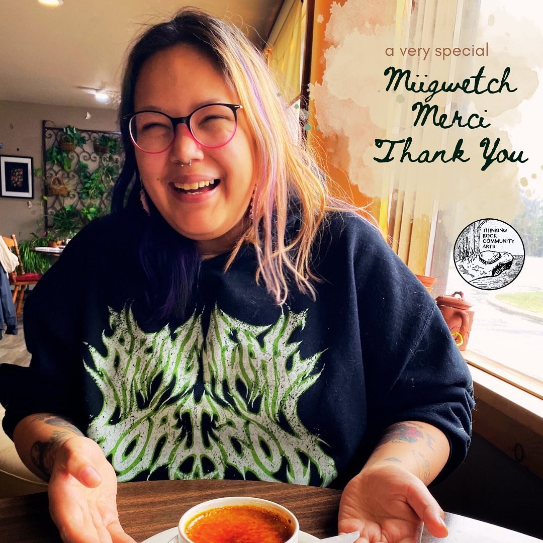 Please join us in sharing a very special miigwetch, merci, and thank you with our dear colleague and friend, Emily-Jane Oskaboose-Meawasige!
.
Emily first joined the Thinking Rockers for summer programming back in 2015. In 2017, she rejoined us, cont