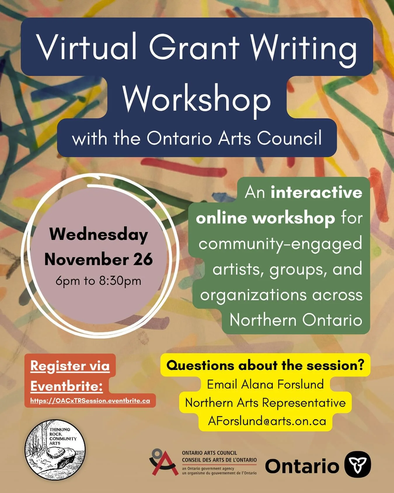 Register today to secure your spot!
Virtual Grant Writing Workshop &amp; Information Session with the Ontario Arts Council
Wednesday, November 26, 2025
6pm to 8:30pm
.
Thinking Rock Community Arts (TRCA) is partnering with the @ontarioartscouncil (OA