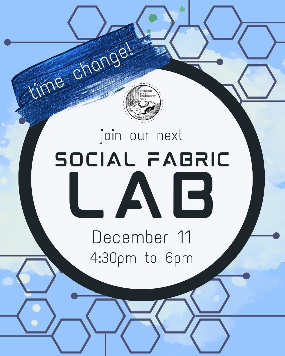 Join our next Social Fabric Lab - and note the start time change! - from 4:30pm to 6pm on Thursday, December 11th. ❄️🩵
.
We&rsquo;ll gather at Thinking Rock HQ (199 Main Street, Thessalon, ON) to participate in a gentle, co-creative artmaking challe