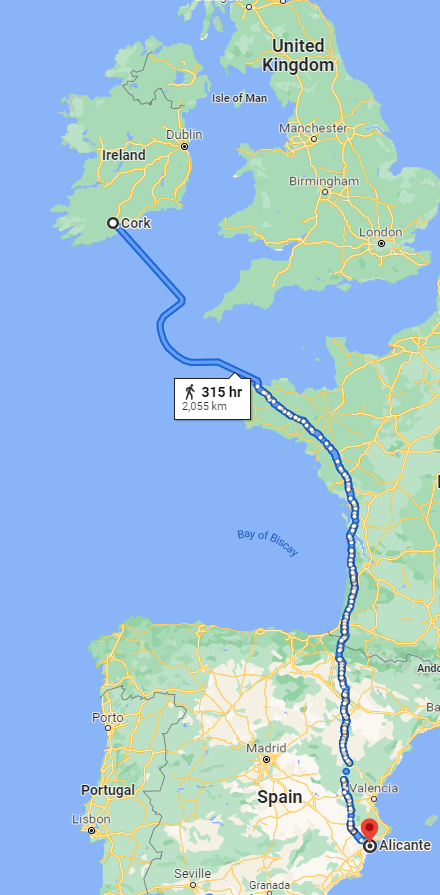 Google maps image showing the journey needed to travel from Cork to Alicante by foot
