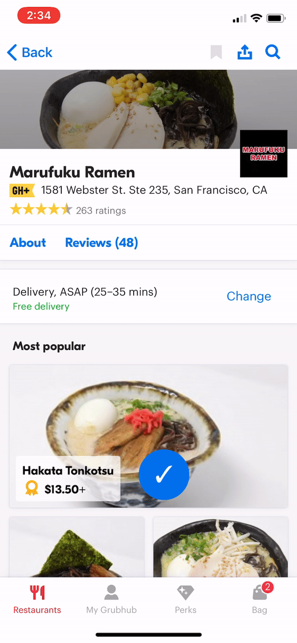 GrubHub “Cart” interaction