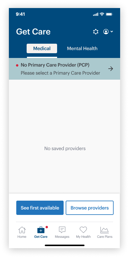 “Get care” screen