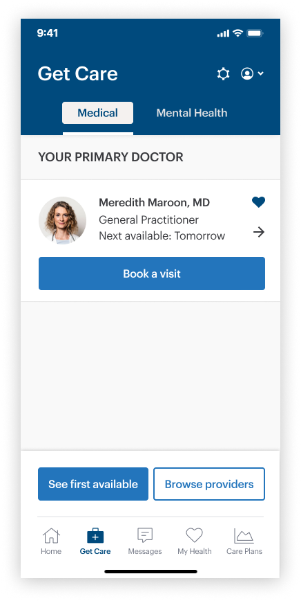 “Get care” screen (updated)