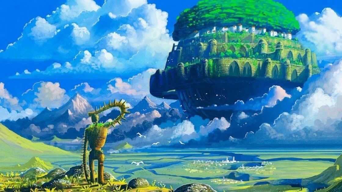 Paysage fantastique avec une grande structure flottante en forme de cité suspendue dans le ciel, montagnes en arrière-plan, un arbre étrange et de nombreux oiseaux volants.