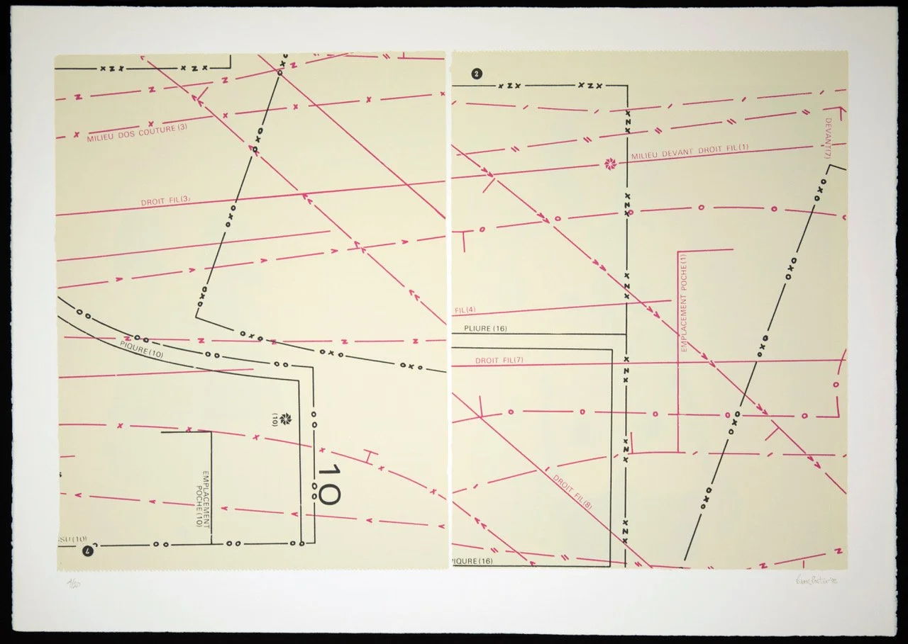 Bern Porter (1911-2004),
Atomic Dress Pattern, 1992,
Faux abstract print based on the on a dress pattern appropriated from a fashion magazine,
Six color screen print on Rives BFK white paper,
Edition of 20,
30 x 40 inches,
Published by Volatile Editi