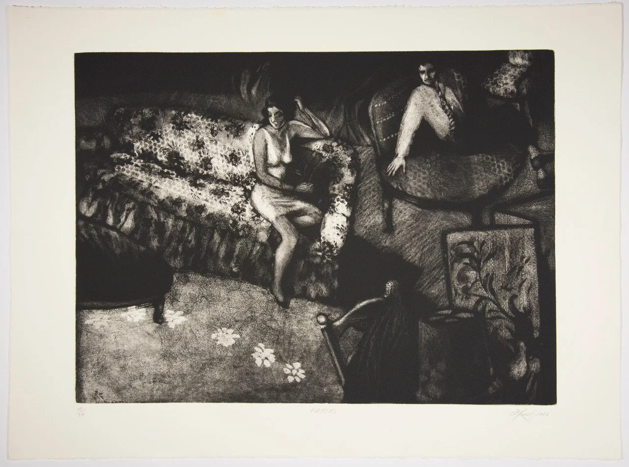 Anna Griselda Hine (b. 1949),
Players, 1983,
Etching, soft ground and aquatint,
Edition of 20,
22 x 30 inches