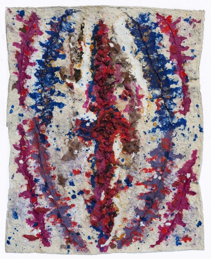 JOAN SNYDER (b. 1940), The Virgin, 2010, Paper pulp, herbs, burlap, rosebuds, 33 3/4 x 27 inches