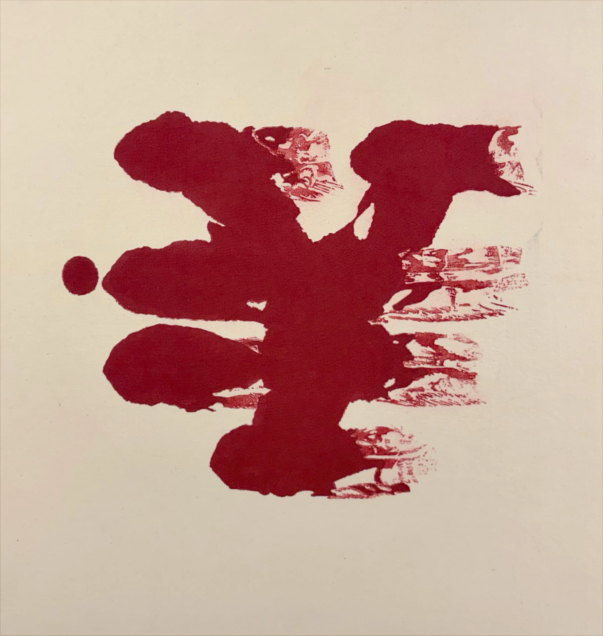 Flying Yen, 1990,
Color woodcut printed in red ink on silk mounted on rag paper,
Edition of 15, WP,
Published by Crown Point Press,
Paper: 14 x 12 3/4 inches