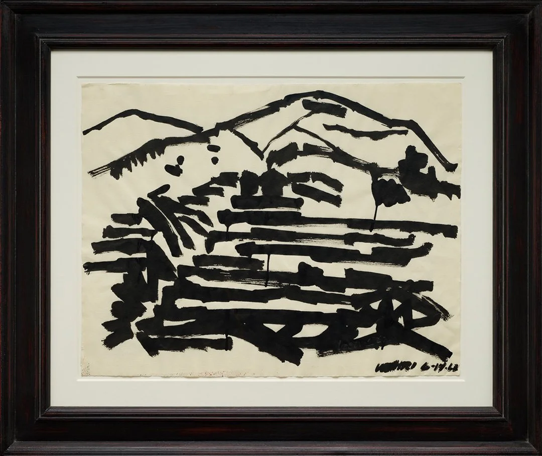 David Smith (1906–1965),
Untitled (June 14, 1962), 1962,
Black egg ink on paper,
Signed & dated lower right: “Voltri 6-14-62”,
Paper: 19 x 24 inches,
Frame: 29 1/2 x 34 3/4 inches