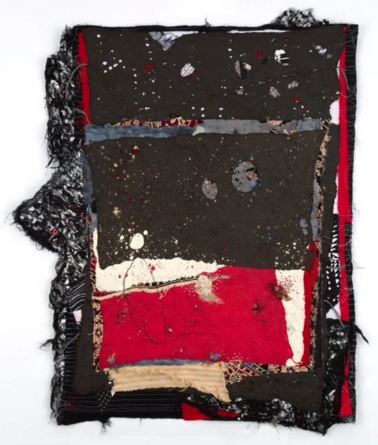 Carole Harris (b. 1943),
Something in the Way of Things Remembered, 2025,
Mullberry Paper (Joomchi) with miscellaneous 
pieced and upcycled fabrics and thread,
Signed & dated verso,
37 1/2 x 30 inches
