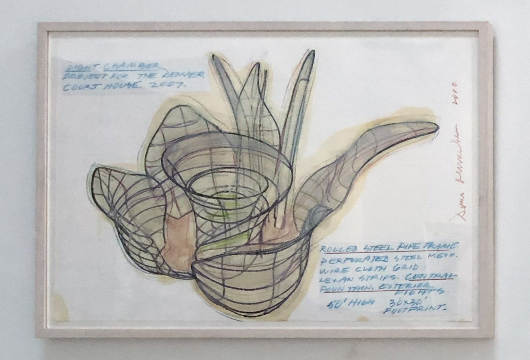 Dennis Oppenheim (1938-2011),
Study for Light Chamber, 2004,
Denver, Colorado,
Pencil, colour pencil, oil wash, oil pastel on paper,
Paper: 24 x 35 inches,
Frame: 27 x 38 1/2 inches