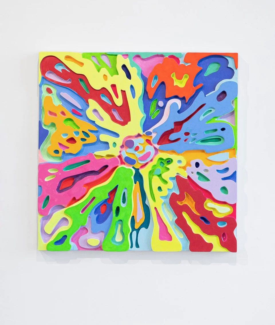 PETER HALLEY, Explosion, 2020, Hand-painted acrylic and fluorescent acrylic on digitally milled polystyrene mounted on MDF board, Signed and dated on verso, 40 x 40 x 3 inches (101.6 x 101.6 x 7.6 cm)