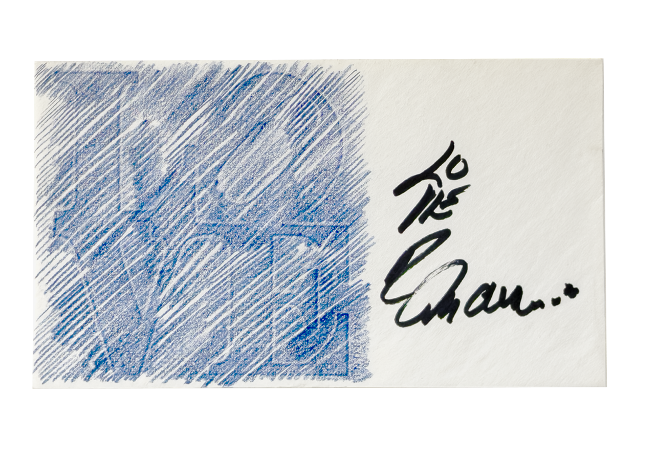 ROBERT INDIANA, Love Rubbing (blue), 1973, Colored pencil on envelope. Signed and inscribed, 3 1/2 × 6 1/2 inches (8.9 × 16.5 cm)