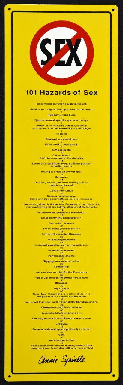 Annie Sprinkle (b. 1954),
101 Hazards of Sex, 1998,
Screenprint on aluminum, with rounded corners and drilled holes,
Edition of 42,
28 x 8 1/2 inches,
Published by Volatile Editions and Mark Patsfall Graphics, Cincinnati, OH
