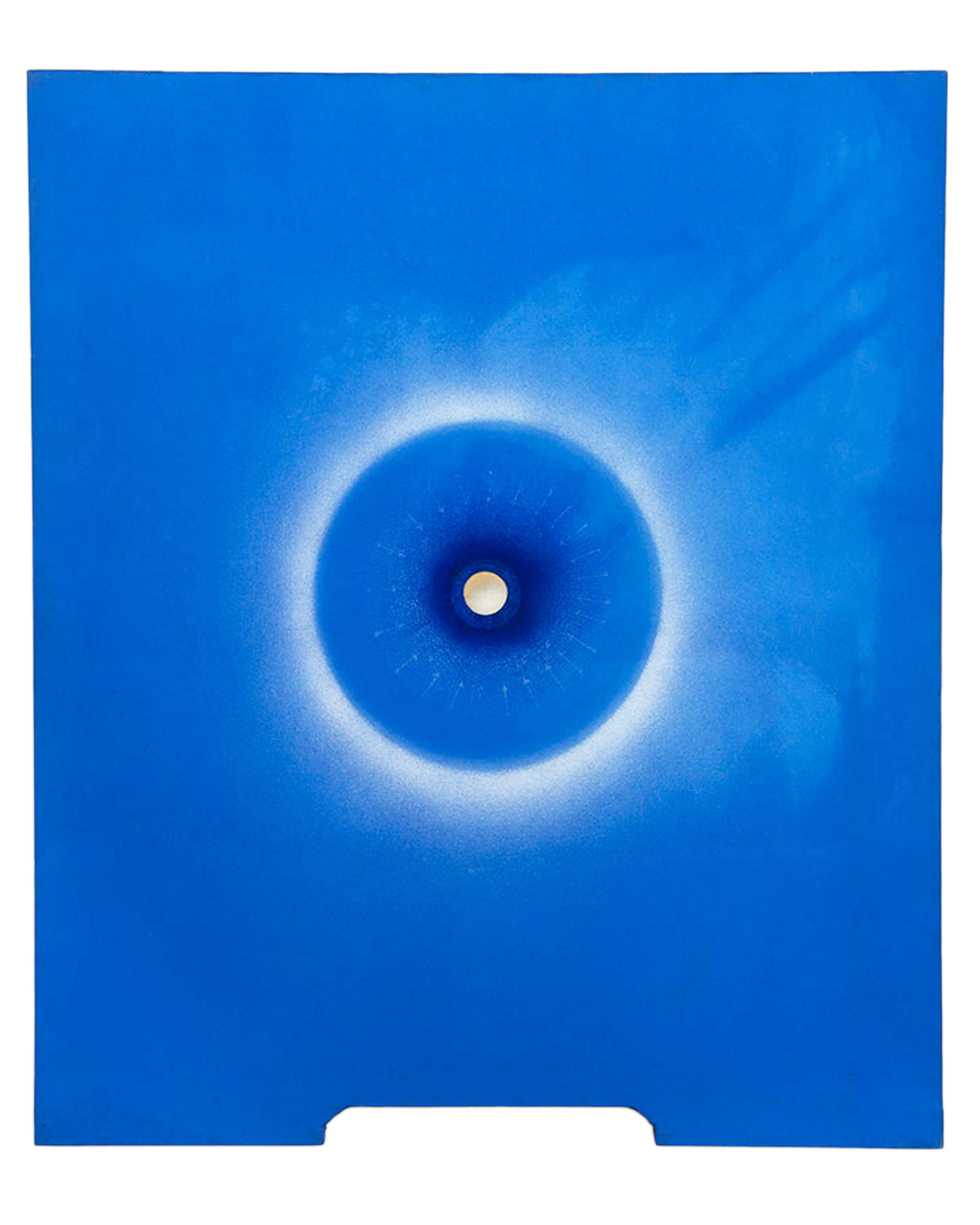 USCO (Gerd Stern, Stephen Durkee, Michael Callahan), Light Blue Sphere with Benjamin Franklin Weather Map, 1965-1966, Oil and screenprint on shaped canvas, 78 x 66 inches (198.1 x 167.6 cm)