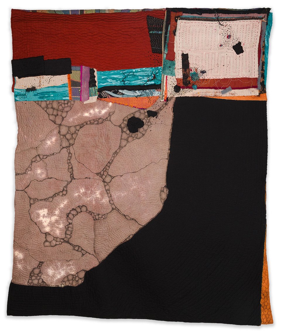 CAROLE HARRIS, Path to Unexpected Resalutions, 2024, Commercially printed cottons, miscellaneous and antique textiles, 
oil pastel on cotton, discharge dyed inen and cotton batting, Machine and hand quilting with hand embroidery, H 59 x W 49 inches, 