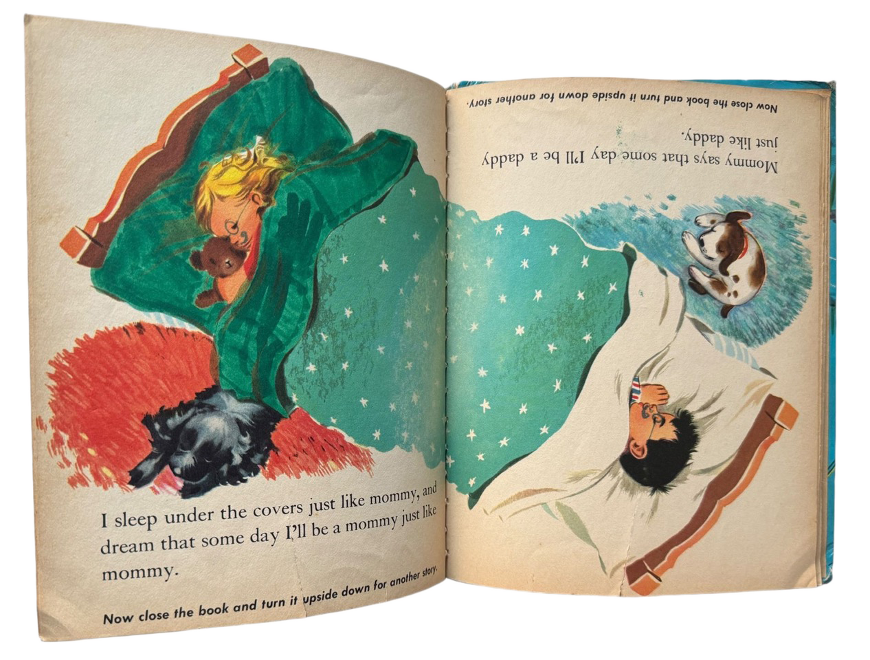 CINDY SHERMAN, Untitled (Just Like Daddy/Just Like Mommy, A Two-In-One Wonder Book, 1952), 1975, Altered used children’s reversible book, SIGNED with two dedications to Charles Clough, Fig. 24, 8 x 6 1/4 inches (20.32 x 15.88 cm)