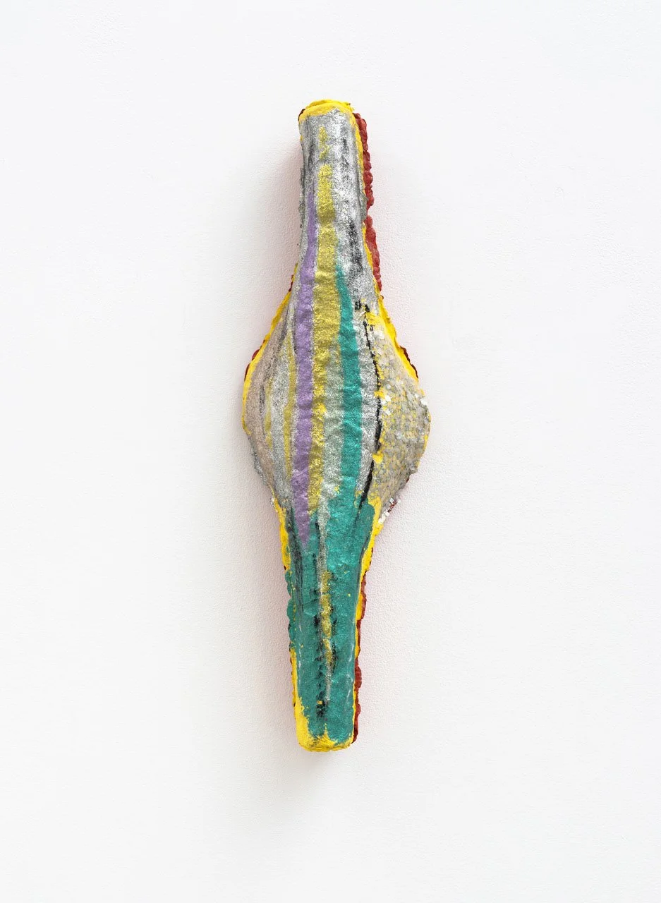 LYNDA BENGLIS (b. 1941), Lagniappe, 1978, Cast hand-painted handmade paper with gold leaf, Graphite, ink, sparkles, and acrylic paint, From a series of 26 unique variations, Signed, titled, and dated verso “Lynda Benglis, ’78, 15/26” 35 x 14 x 7 inch
