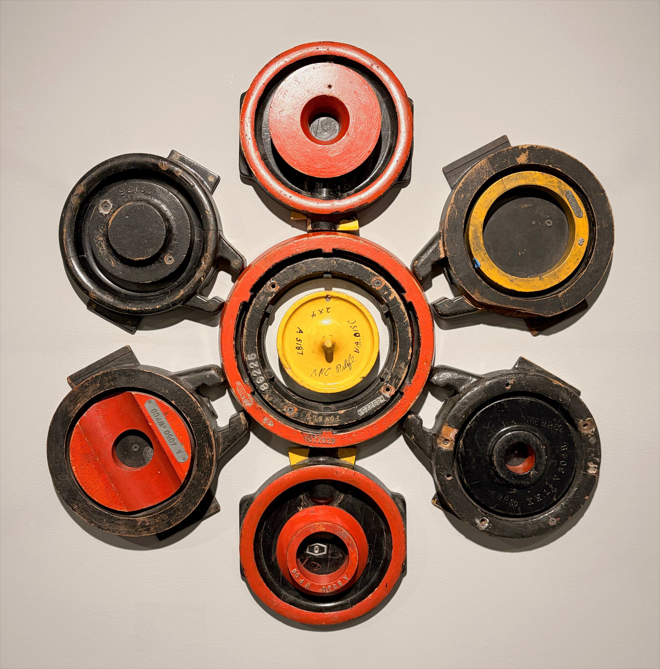 Red, Black & Yellow Daisy, 2010,
Wood-milled industrial foundry patterns,
26 x 25 inches