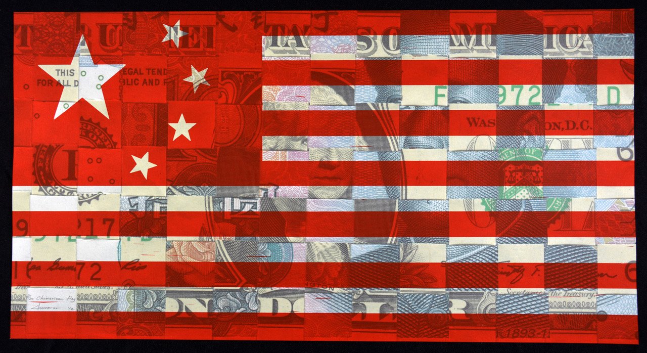 Chunwoo Nam (b. 1965),
Chimerica Flag, 2012,
Archival Digital Print and Linocut on Rives BFK paper,
Edition of 20,
14 1/2 x 27 1/2
