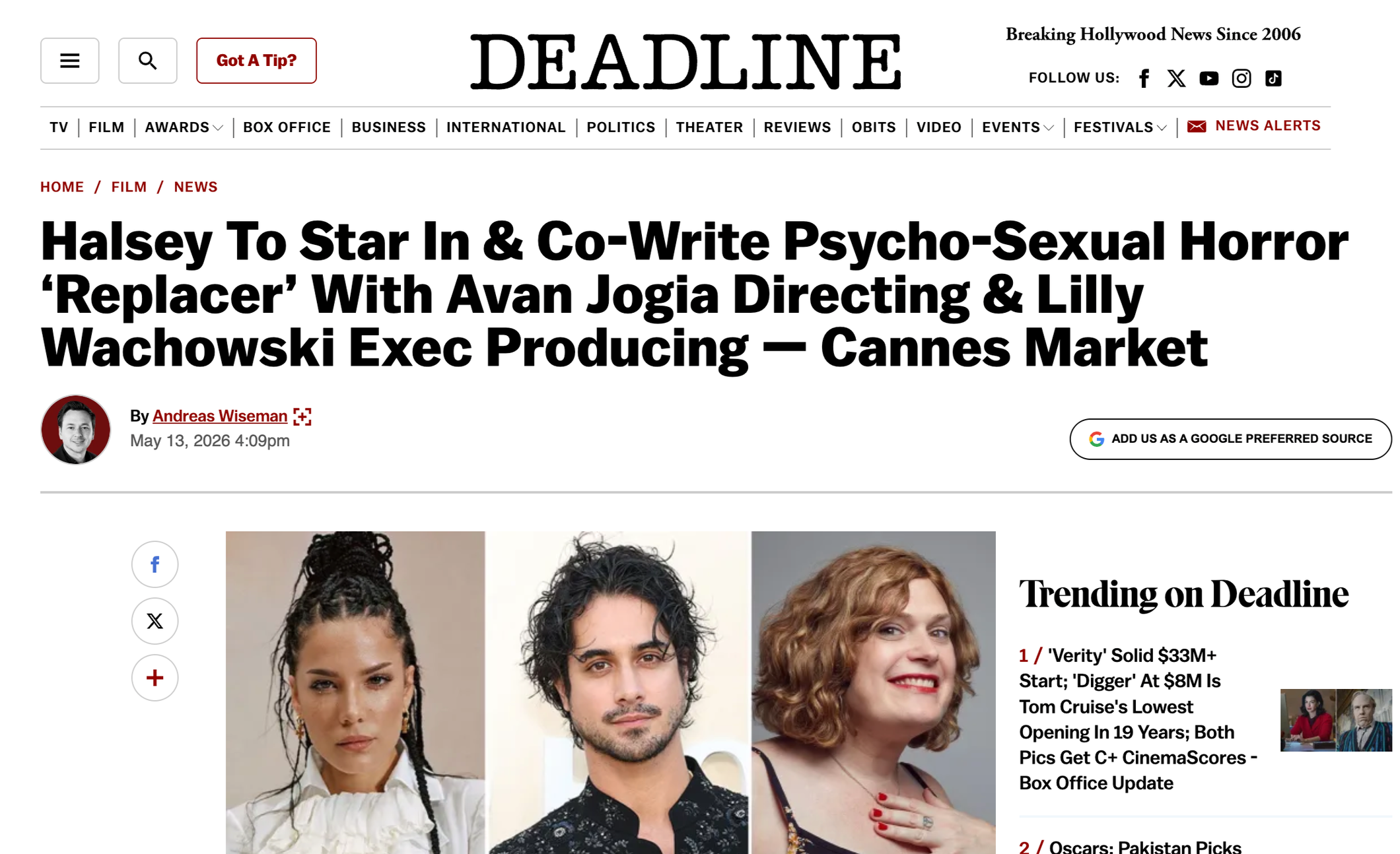 Halsey To Star In Psycho-Sexual Horror 'Replacer', Avan Jogia Directs