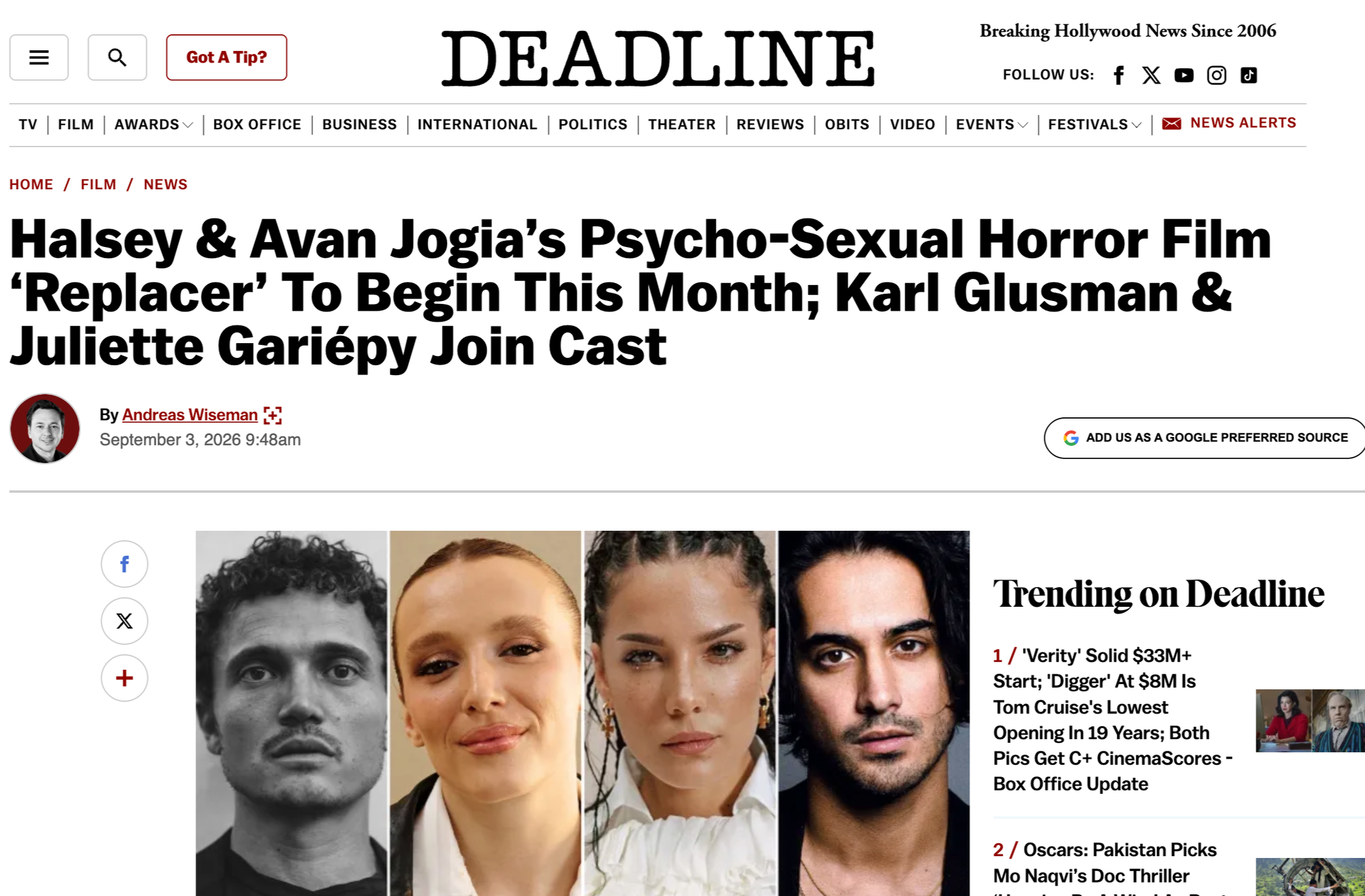 Halsey To Begin Filming This Month on Avan Jogia's 'Replacer'