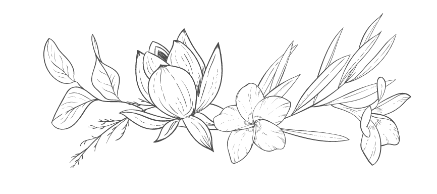 Line drawing of a floral arrangement with a large bud, smaller flowers, and leaves.