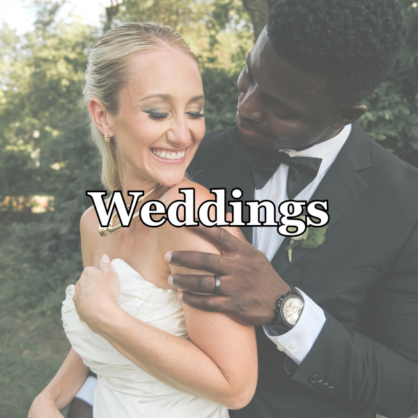 A smiling bride and groom embrace outdoors, with the word "Weddings" overlaid.