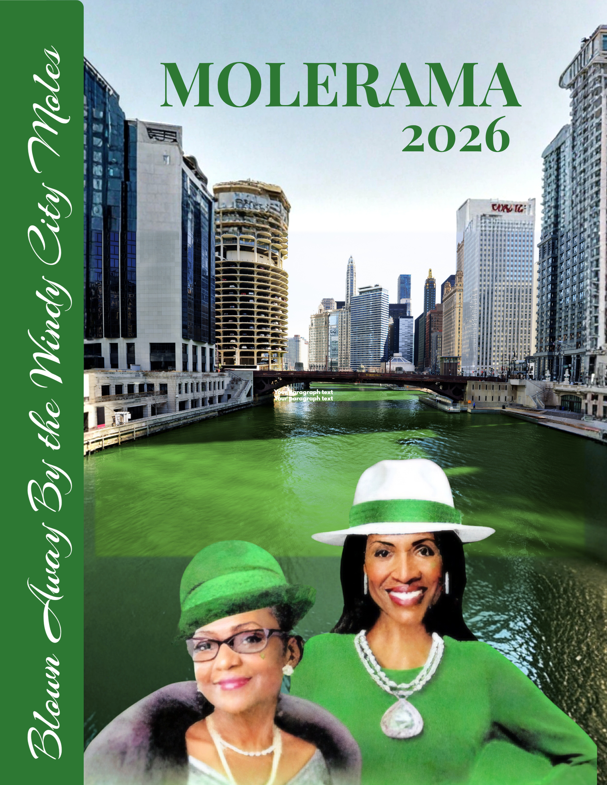 Cover of a book titled 'Molerama 2026' featuring images of two smiling women wearing green hats, one woman in a hat with a bow and pearl necklace, and the other woman in glasses, with a city skyline and a river in the background.