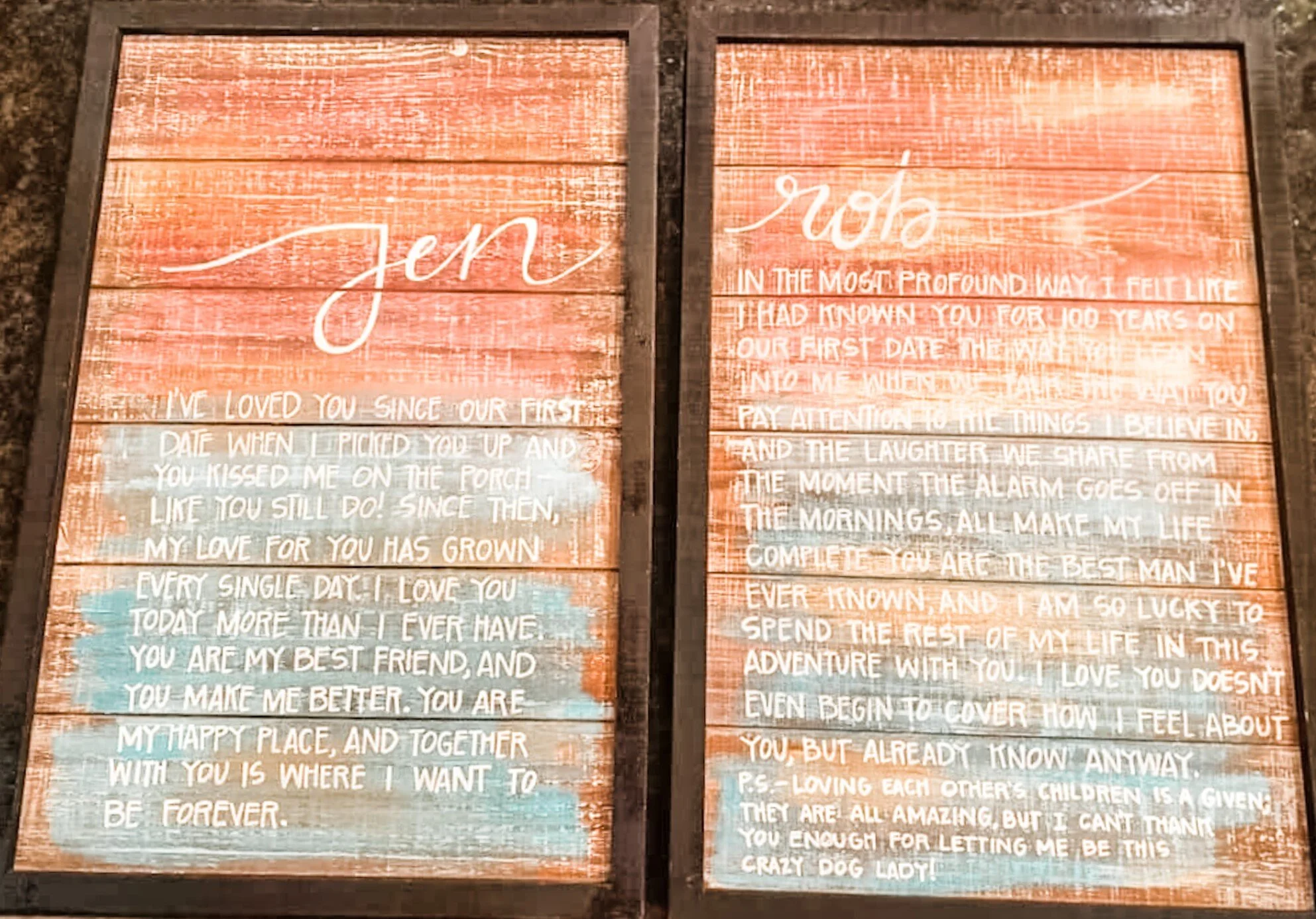 I was told their master bedroom had pink, teal, and gold so I did an ombre pink to blue with a gold wash for their sweet wedding vows.