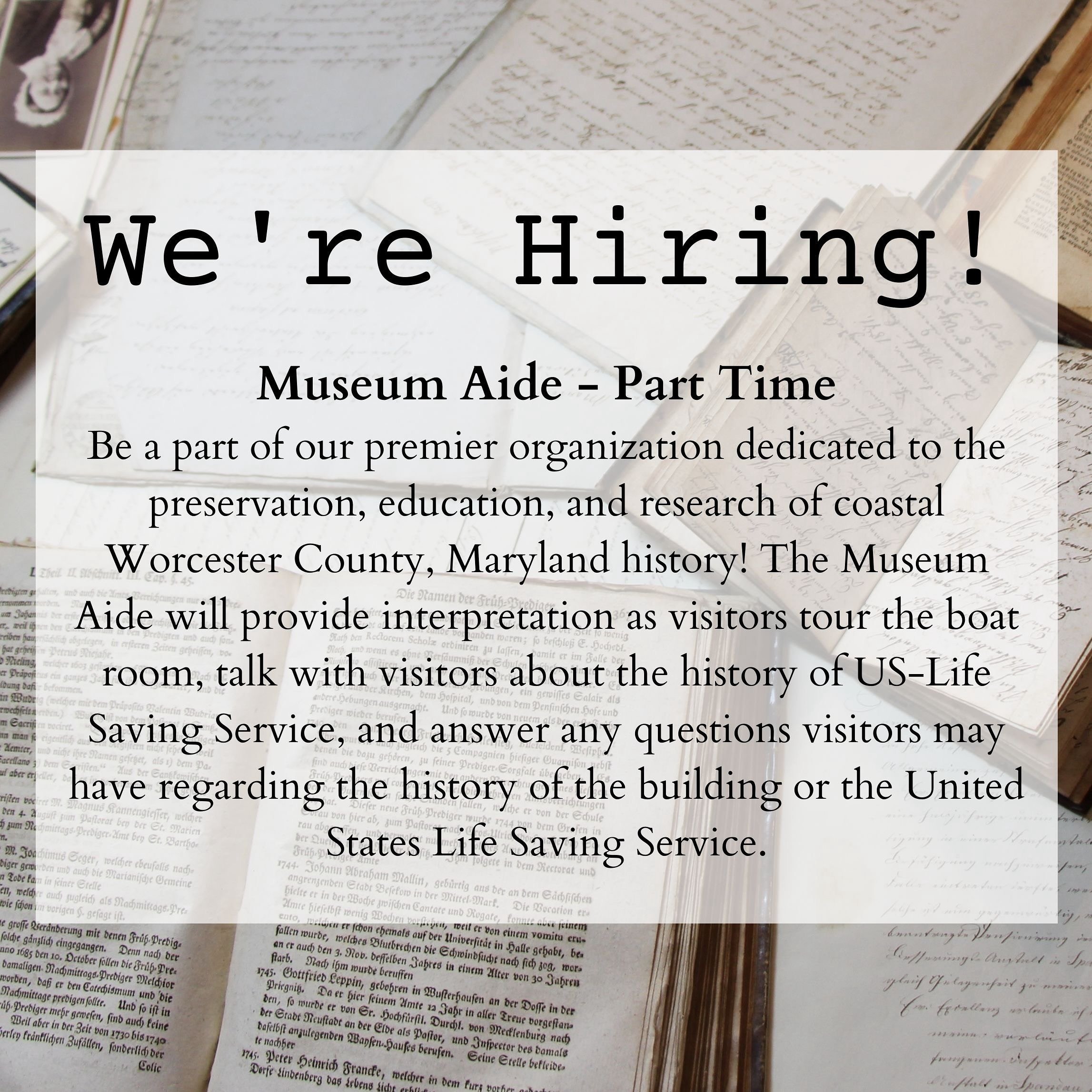 🚨 We&rsquo;re hiring!

Work schedule includes Saturday and Sunday, May through October 9:30a-5p, November through April 9:30a-1:30p

Position Details:
Responsible for maintaining cleanliness of museum; this includes cleaning museum bathrooms, sweepi