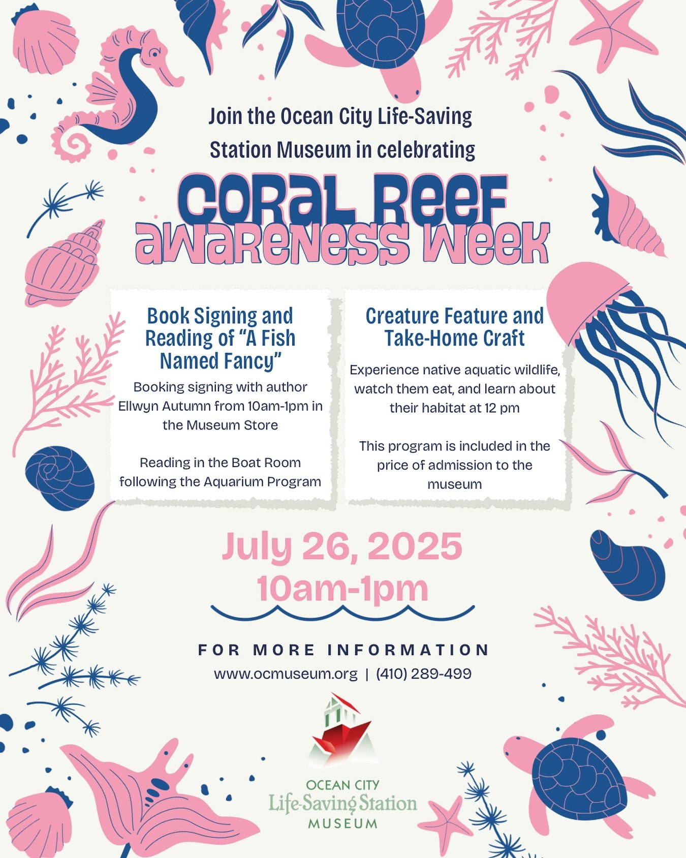 🌊📚 Celebrate Coral Reef Awareness Week with us on July 26th!

Enjoy a book signing with author Ellwyn Autumn, a reading of A Fish Named Fancy, live aquatic animal viewing, and a fun take-home craft 🐠🖍️

#OceanCityMD #DiscoverOC #oceancity #easter