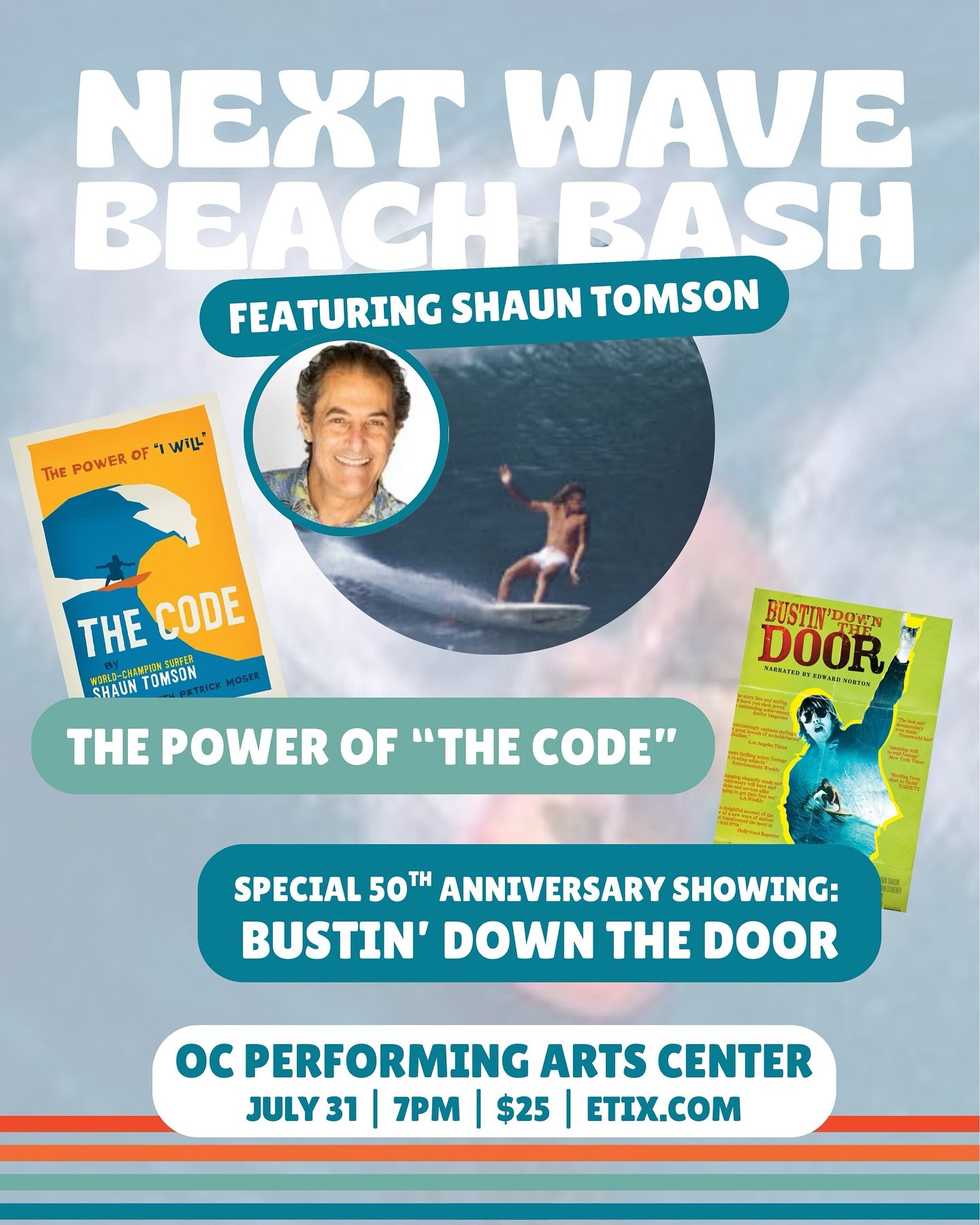 🎥 Catch the acclaimed surf doc Bustin&rsquo; Down the Door and meet the legend behind it.
🏄&zwj;♂️ Shaun Tomson takes the stage July 31 in Ocean City &mdash; followed by a book signing of The Surfer and the Sage.
Books, boards, and big waves of ins