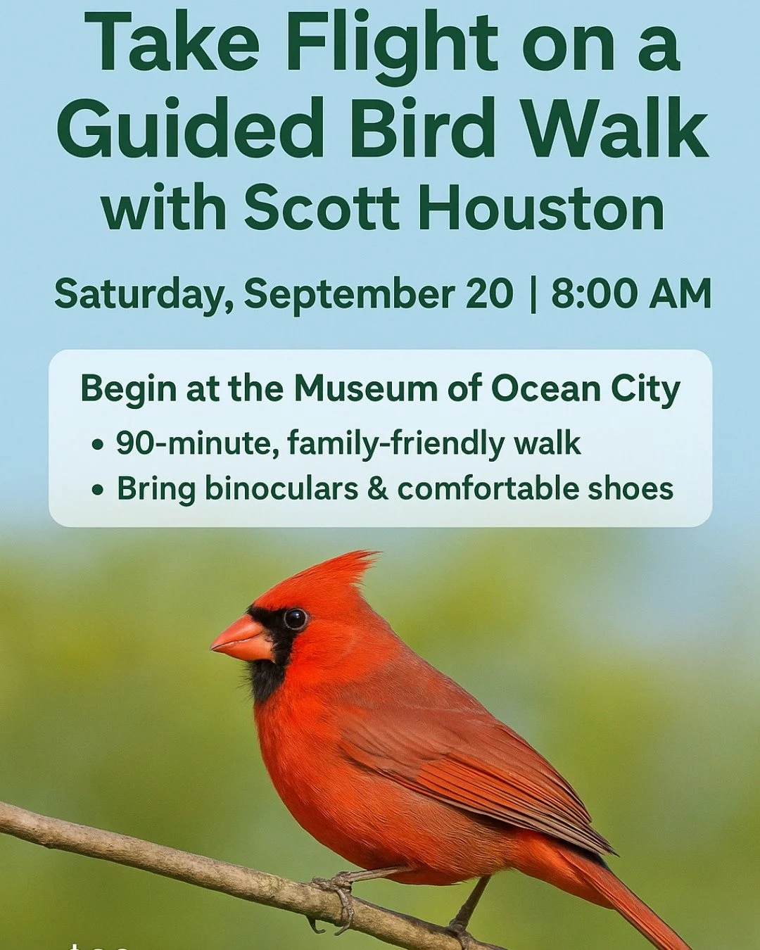 Calling all bird and ocean lovers! This Saturday, September 20, at the Museum of Ocean City! Spaces still available, but going fast! Perfect for all ages - whether you're a seasoned birder or just curious about the birds in your backyard. 
$20/pp - l