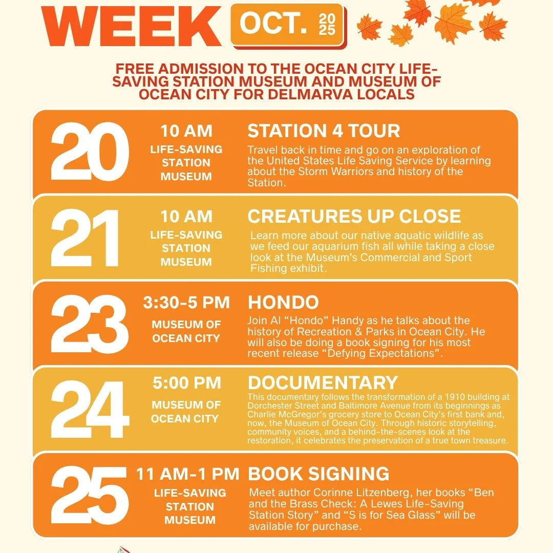 The Ocean City Museum Society, a local non-profit organization, will host their annual Locals Week, October 20-26, 2025. The week will be full of free programs accompanied by free admission for Delmarva locals to both museums, the Ocean City Life-Sav