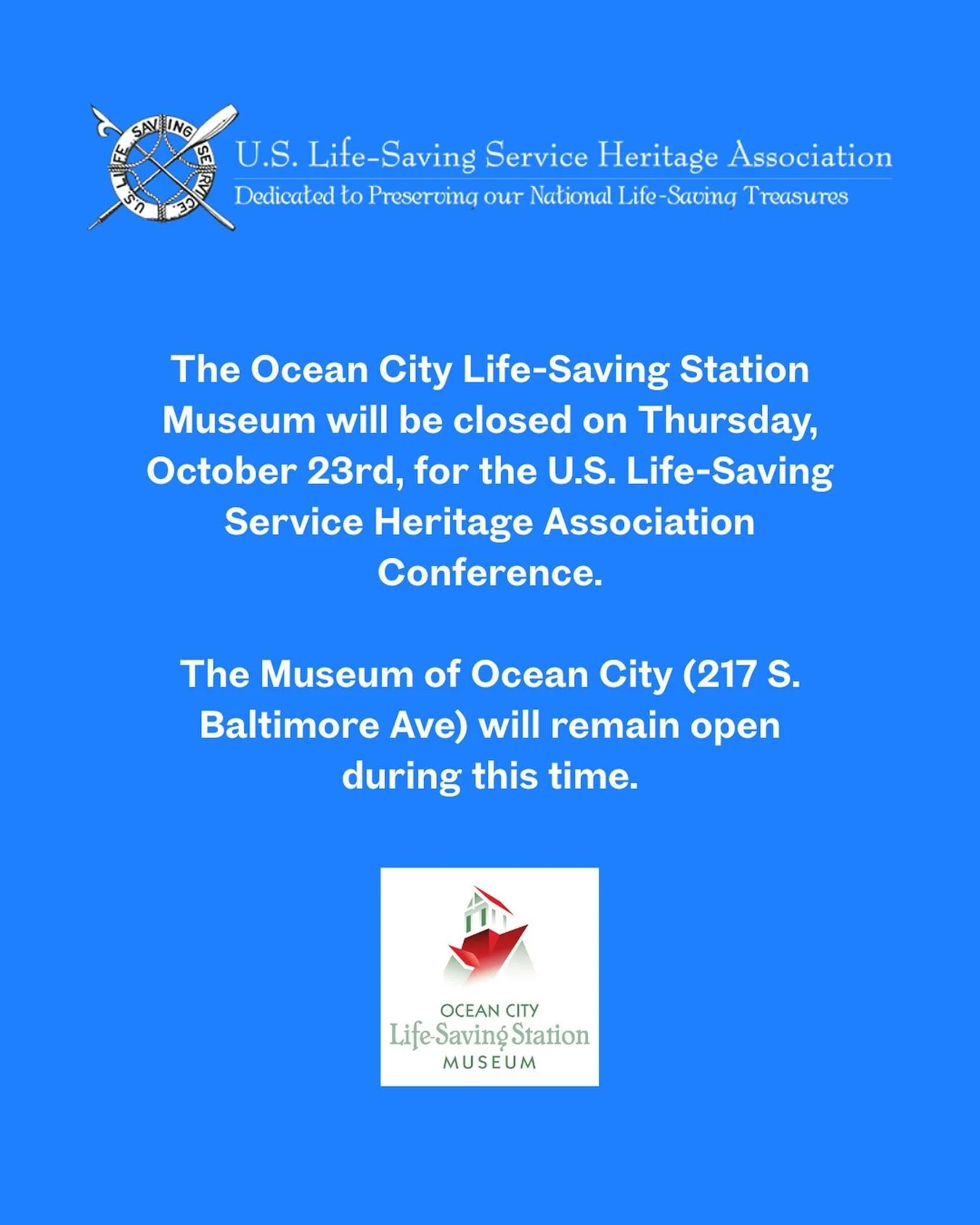 The Ocean City Life-Saving Station Museum is excited to be hosting this year&rsquo;s U.S. Life Saving Service Heritage Association&rsquo;s Annual Conference! 

The United States Life-Saving Service Heritage Association (USLSSHA) is a national organiz