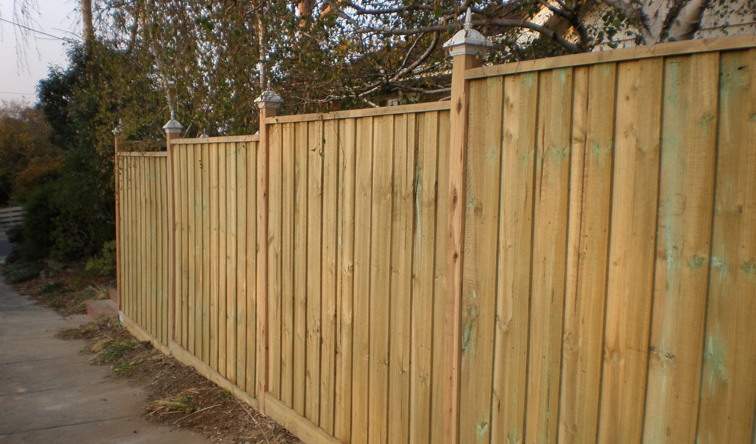Timber paling fence with decorative post caps along suburban sidewalk