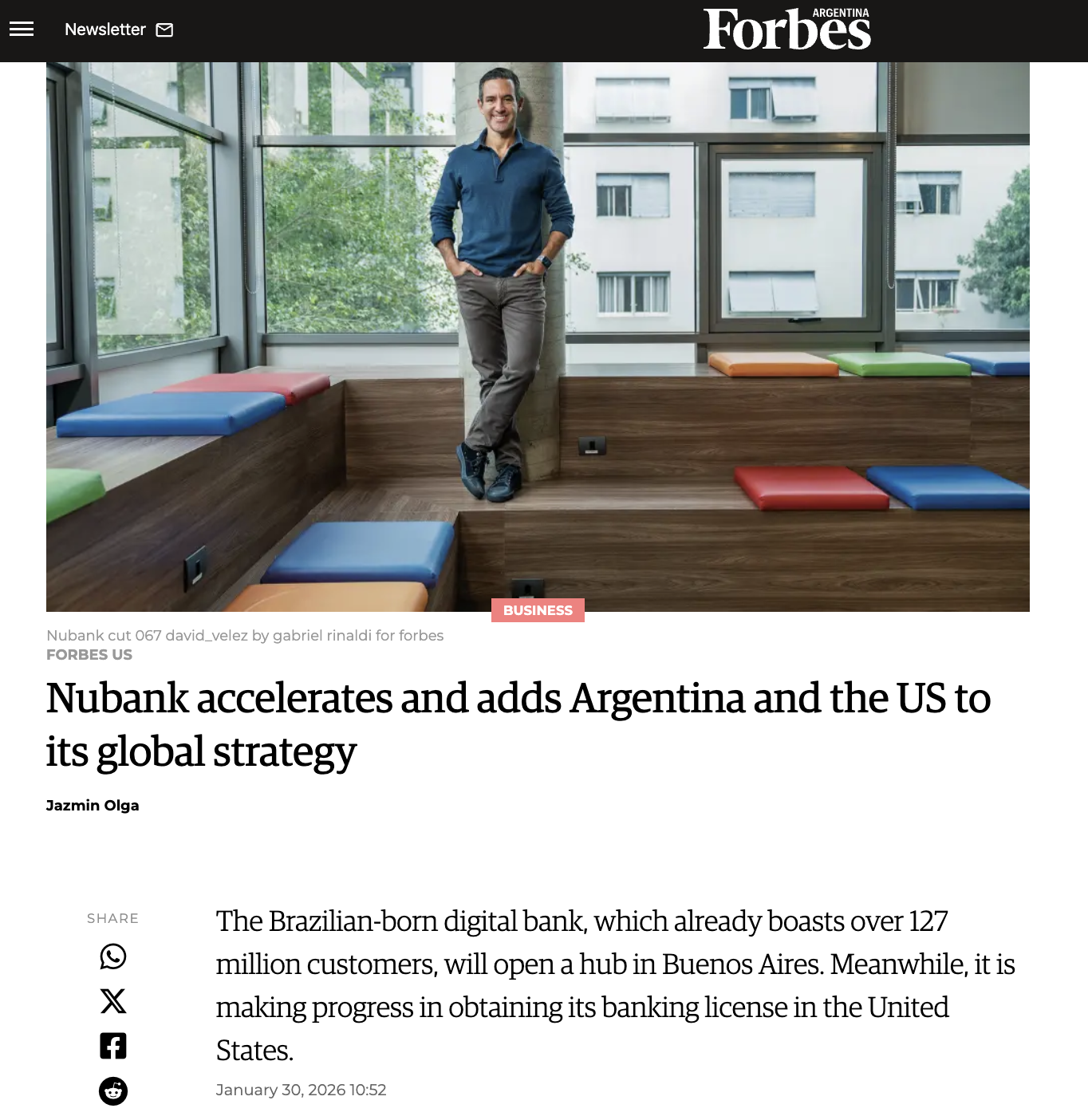 Forbes Argentina, January 2026: Nubank accelerates and adds Argentina and the US to its global strategy.