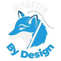 Disaster by Design logo — a blue and white fox head with a needle and thread