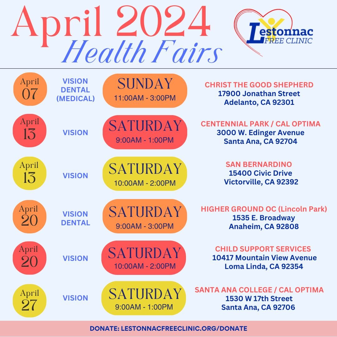 We have 6 health fairs coming up in April! From Orange County to San Bernardino County, we hope you can come out for a visit with us! We have vision at every health fair, which includes a screening, exam, and glasses custom cut for you on the spot! W