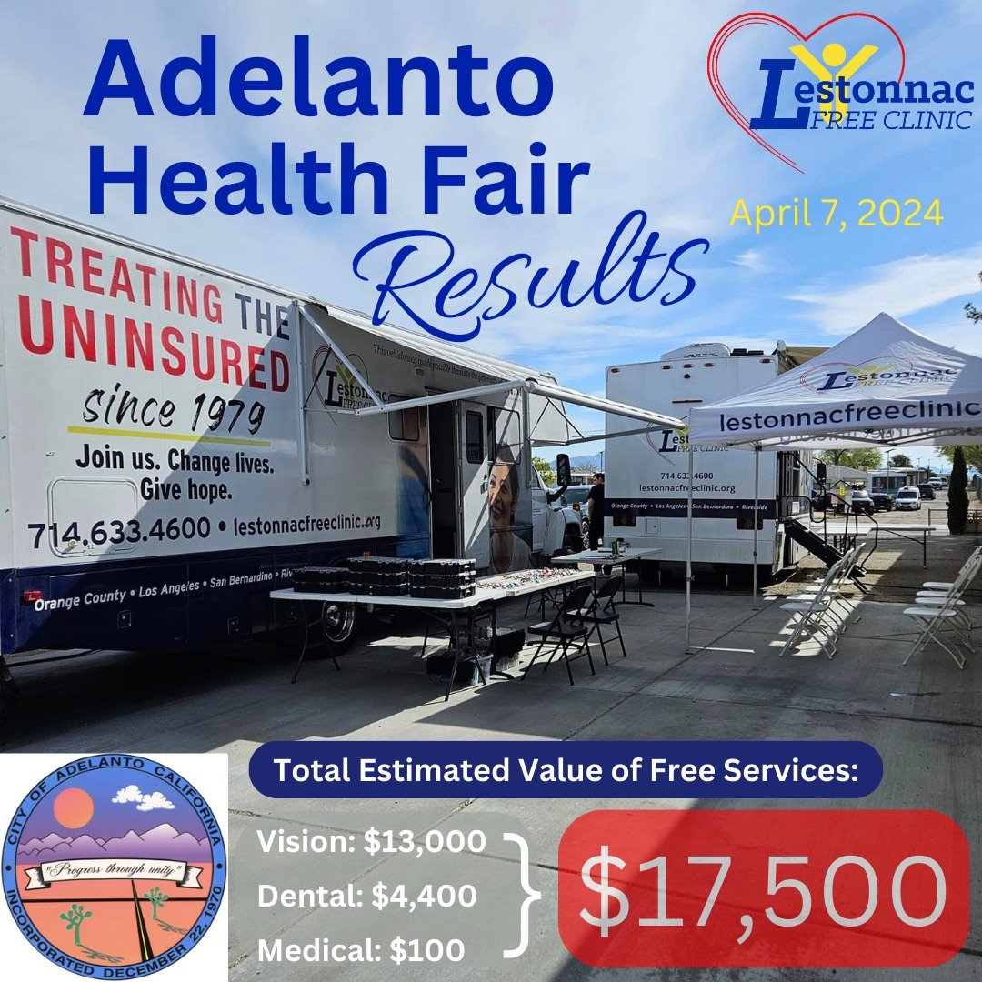 This past Sunday, April 7, 2024, Lestonnac Free Clinic traveled to Adelanto, CA, to serve the community there. We provided FREE Vision, Dental, and Medical services for approximately 82 people. The total estimated value of the FREE services provided 
