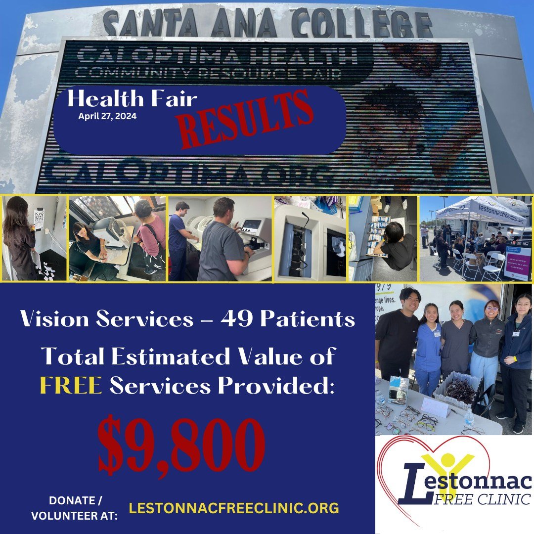 Lestonnac Free Clinic joined Cal Optima this weekend, along with many others to provide free services to the Santa Ana College and surrounding community. We provided FREE Vision Services to 49 individuals, with an estimated total of $9,800 of free vi