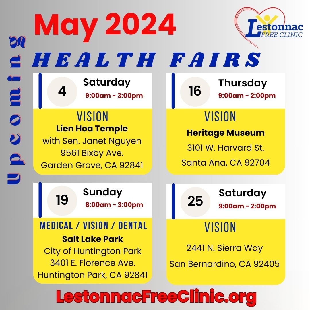 Mark Your CALENDAR!!
We are all over Southern California this May! Check out our locations! See you there! #senatorjanetnguyen #donate #HealthFair2024 #volunteer #SoCal #sponsored