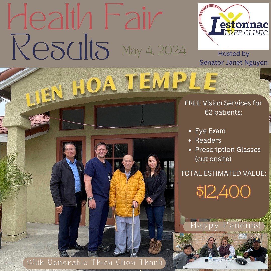 Last Saturday, May 4, 2024, Lestonnac Free Clinic hopped over to Garden Grove to provide FREE eye exams, readers, and prescription glasses cut onsite and right into the hands of our patients. It was a wonderful event, hosted by Senator Janet Nguyen a