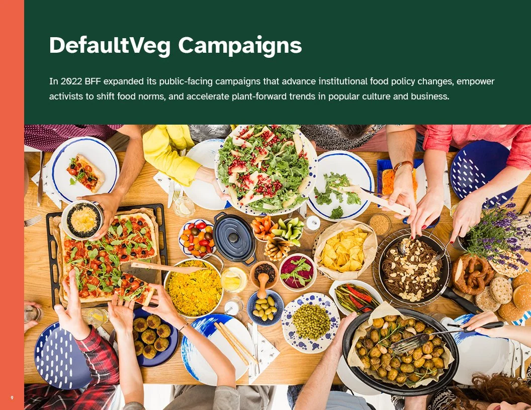 Page from 2022 Annual Report for Better Food Foundation with Top-down view of a group of people sharing a meal with various salads, pizza, snacks, and dishes on a wooden table.